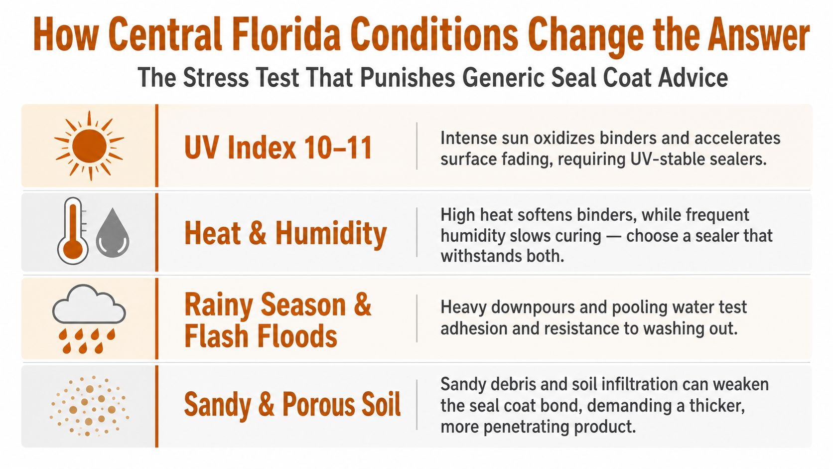 A chart showing how Florida climate conditions like UV, humidity, rain, and sand affect asphalt seal coating.