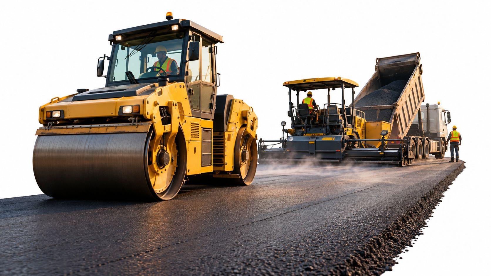 A yellow road roller and a paving machine working on a newly laid asphalt road construction site.