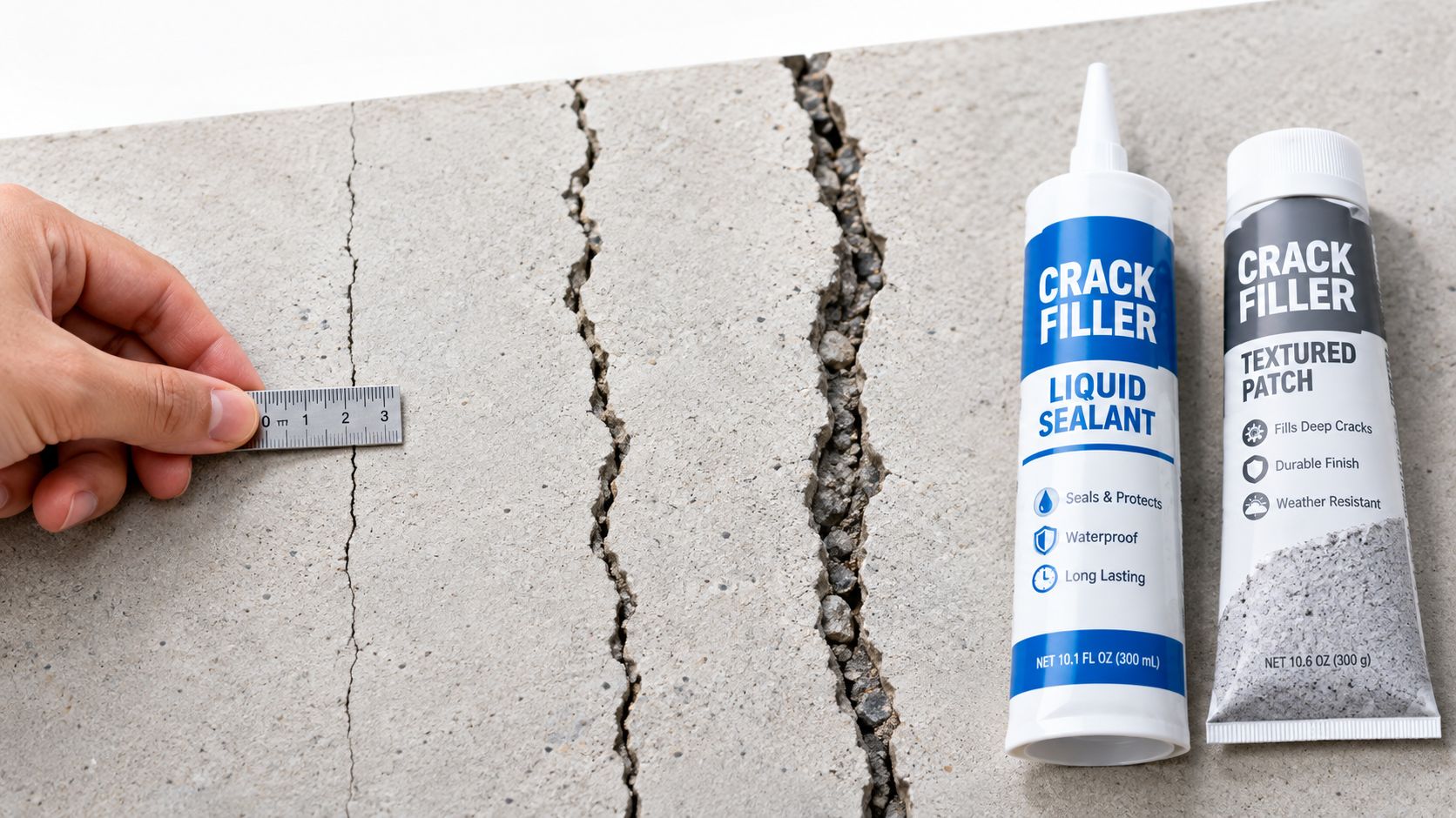 A hand measures a concrete crack with a ruler next to crack filler sealant tubes.