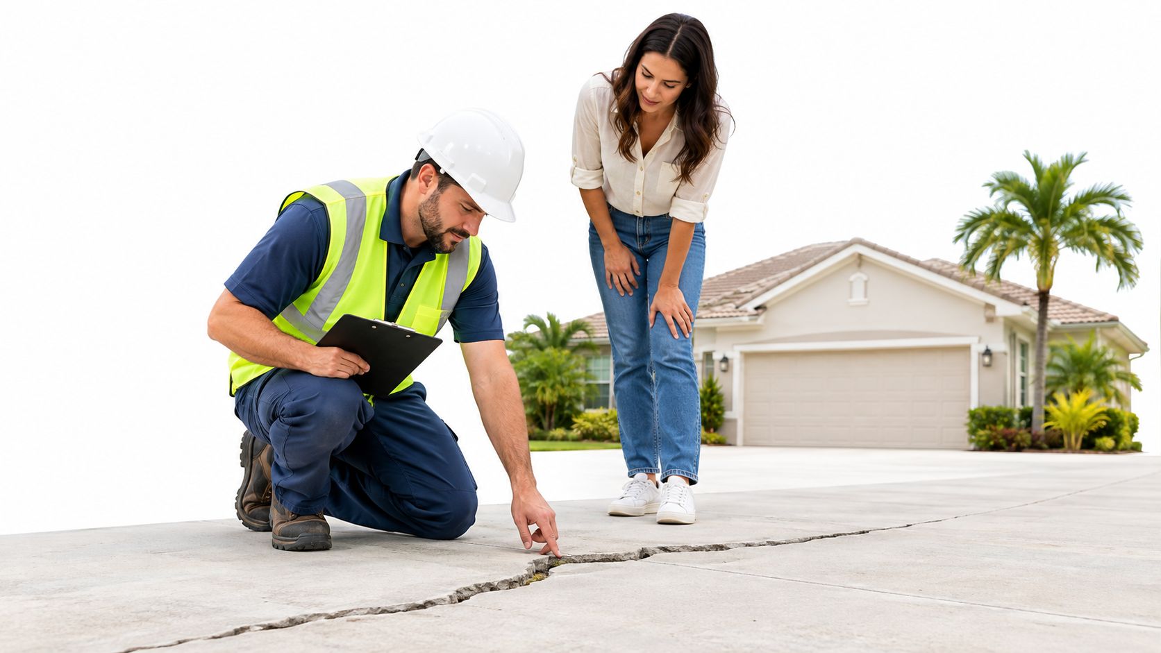 A construction inspector in a hard hat examines a cracked concrete driveway for a female homeowner.