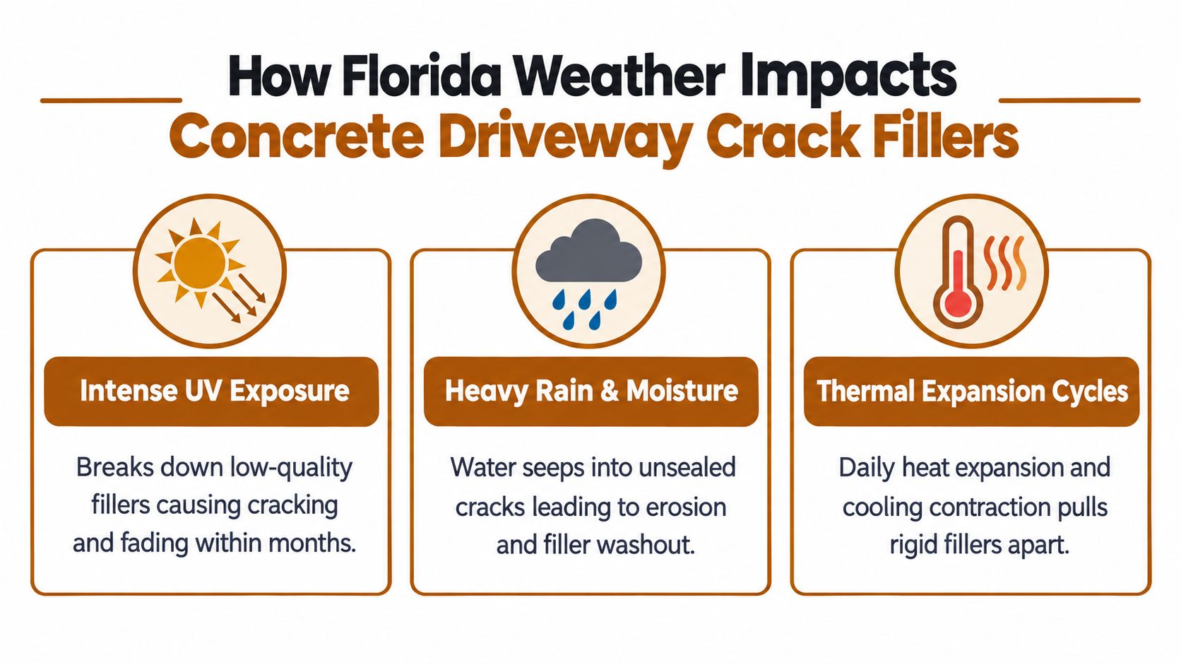 An infographic showing how Florida weather, specifically UV, rain, and heat, impacts concrete driveway crack fillers.