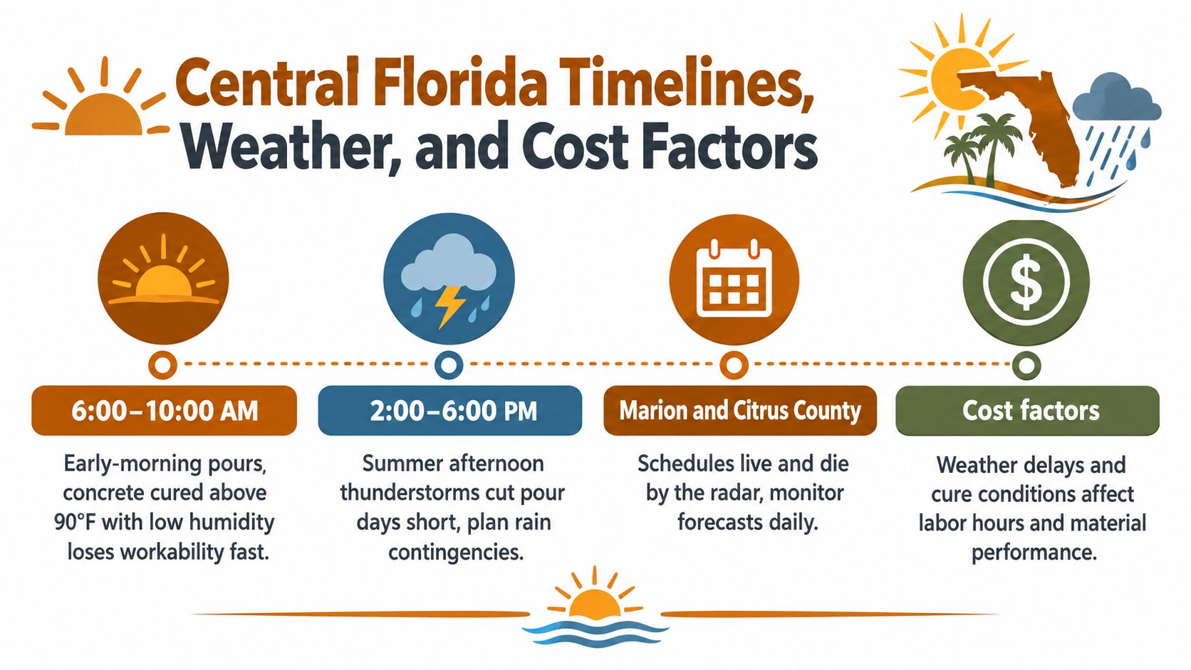 An infographic showing Central Florida construction timelines, weather challenges, and cost factors for concrete projects.
