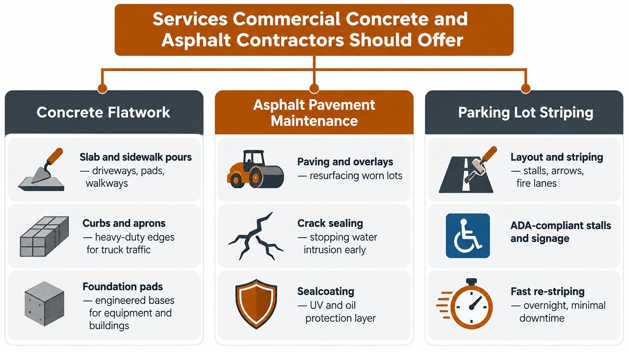 A chart outlining essential services for commercial concrete and asphalt contractors, including flatwork, pavement maintenance, and parking lot striping.