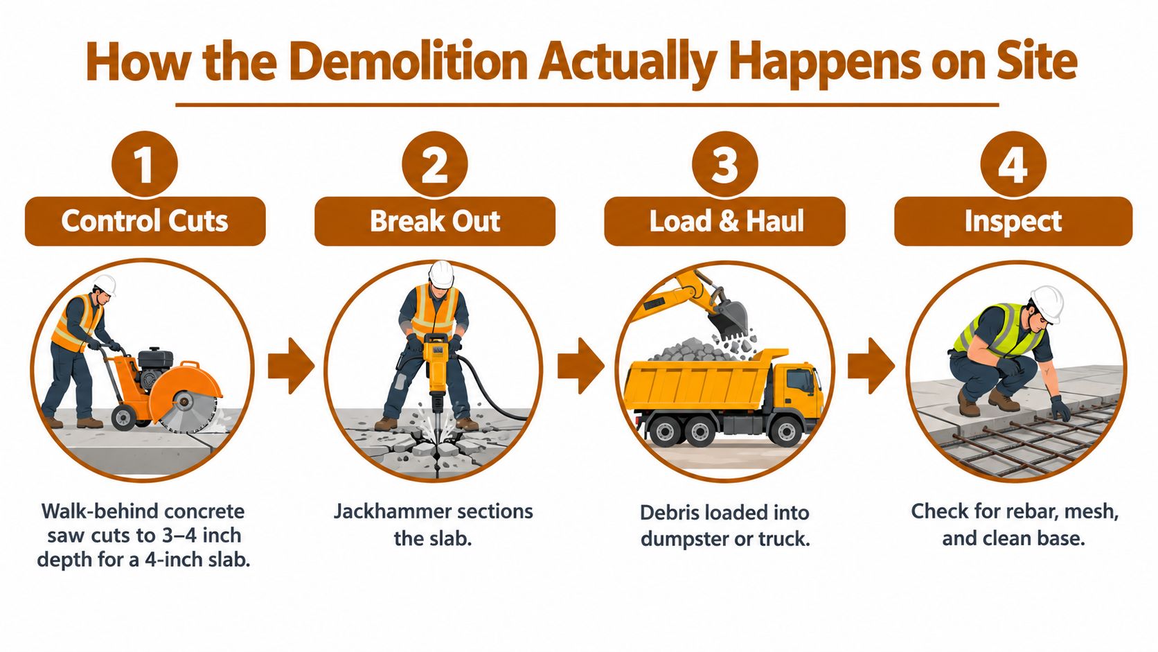 A four-step infographic illustrating the concrete demolition process including cutting, breaking, hauling debris, and final inspection.