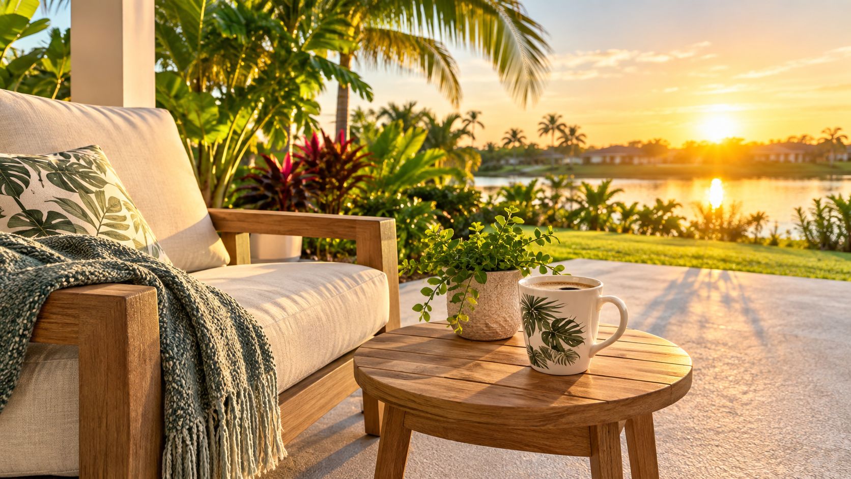 A cozy armchair with a throw blanket next to a coffee table on a sunlit concrete patio.