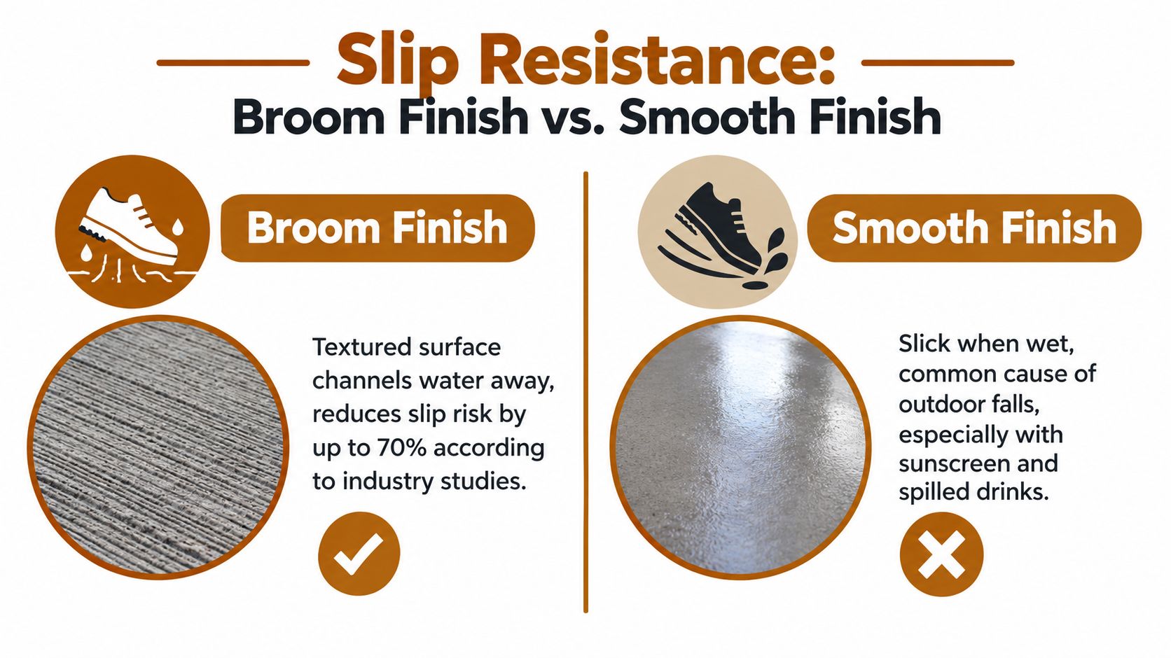 A comparison graphic showing how broom finished concrete provides better slip resistance than smooth concrete finishes.