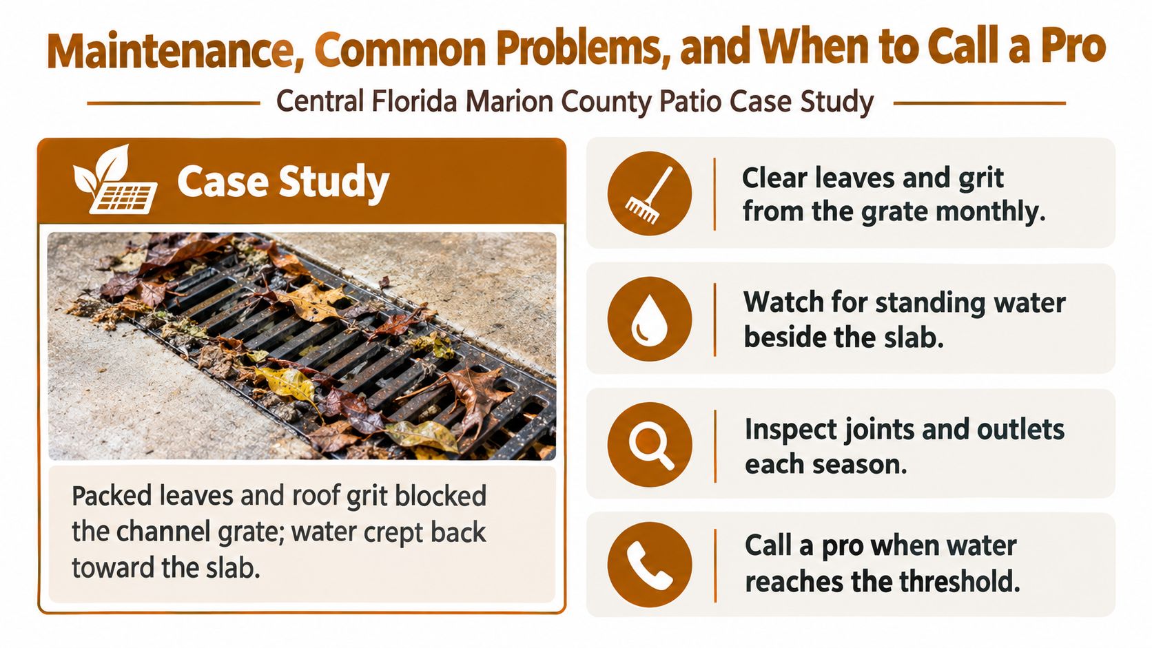 A maintenance guide graphic showing a clogged patio drain with leaves and recommended upkeep tips.
