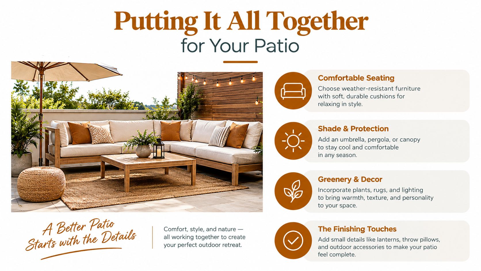 A modern outdoor patio set with comfortable seating, shade, and decorative accents for a cozy backyard retreat.