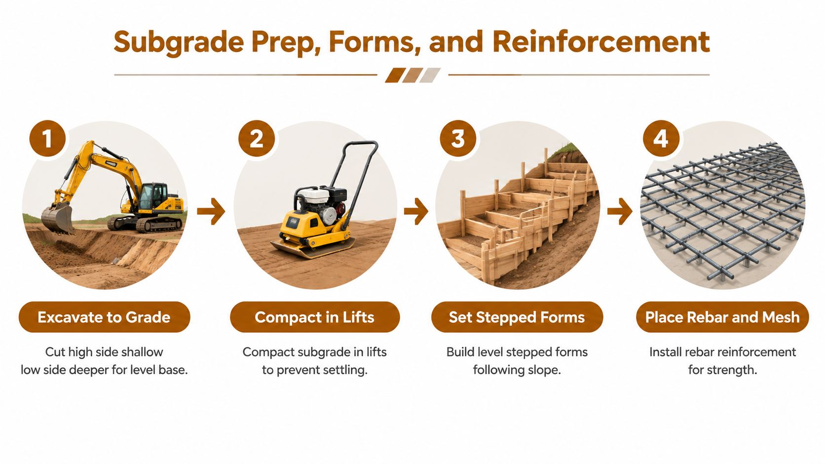 A four-step guide illustrating subgrade preparation, forming, and reinforcement installation for building a concrete patio on a slope.