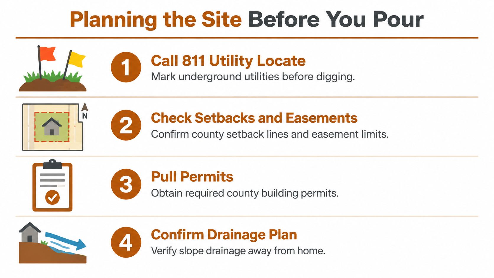 A four-step infographic illustrating essential planning steps for a concrete patio project on a slope.