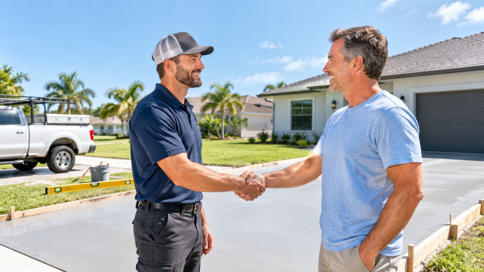 A professional concrete worker and a happy homeowner shaking hands after a successful new concrete driveway installation.