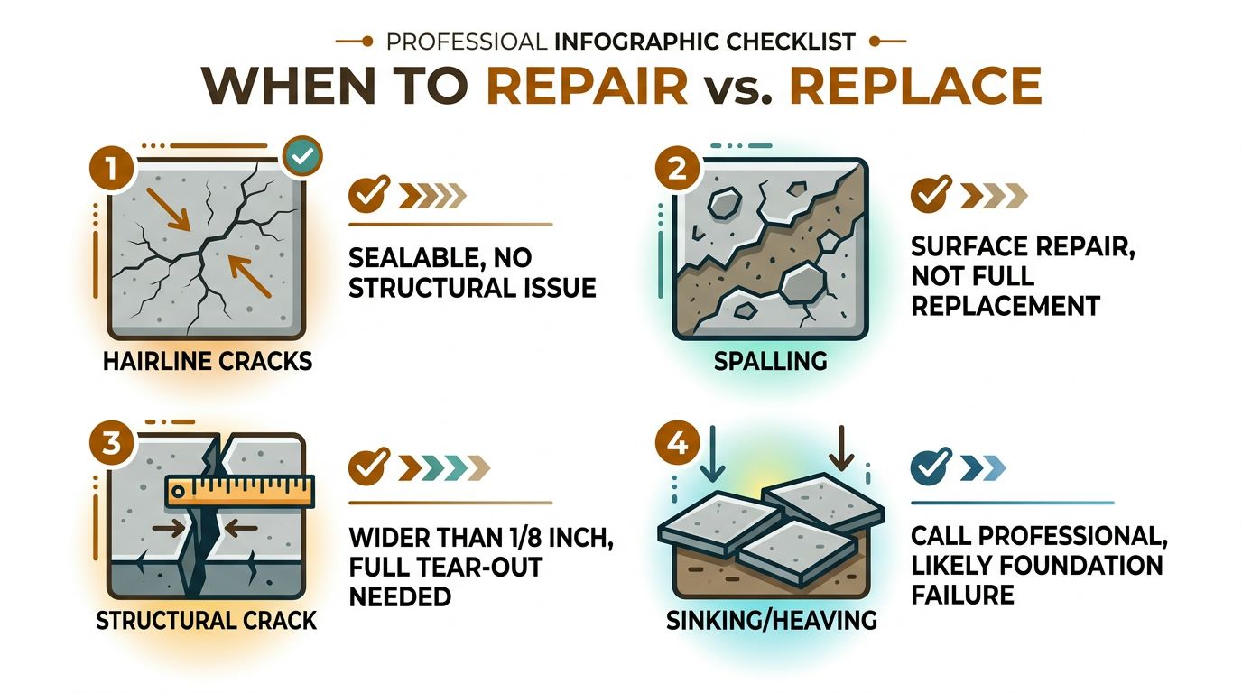 An infographic checklist showing when to repair or replace damaged concrete sidewalk surfaces and structures.