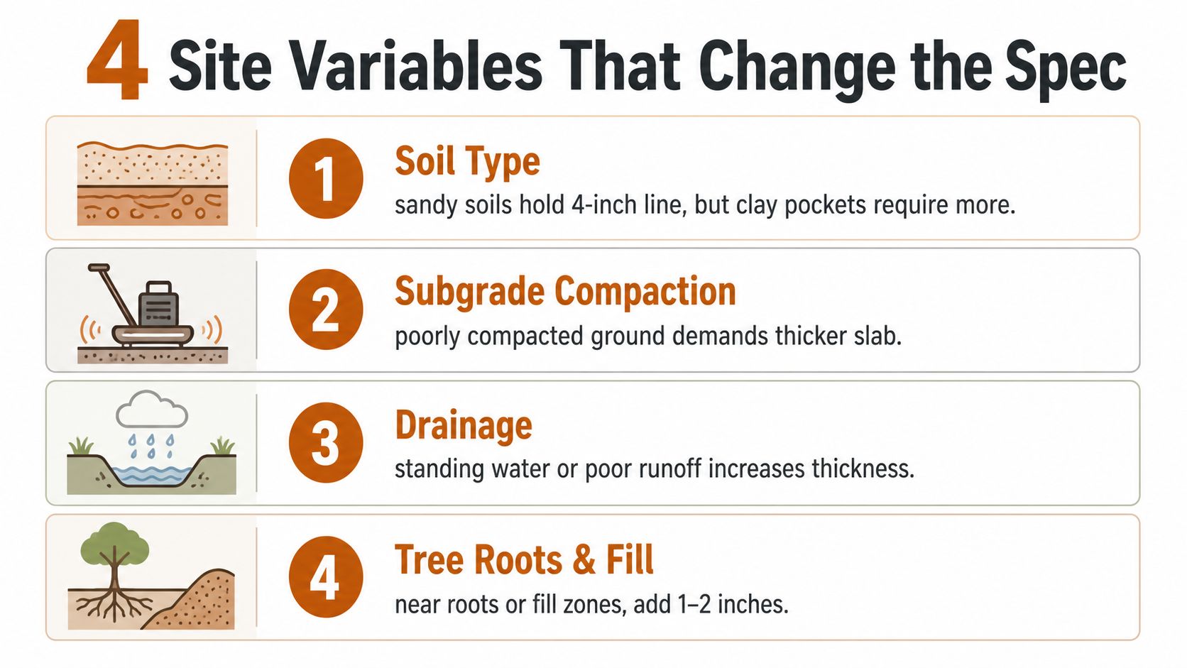 An infographic showing four site variables like soil type and drainage that affect concrete sidewalk thickness specifications.