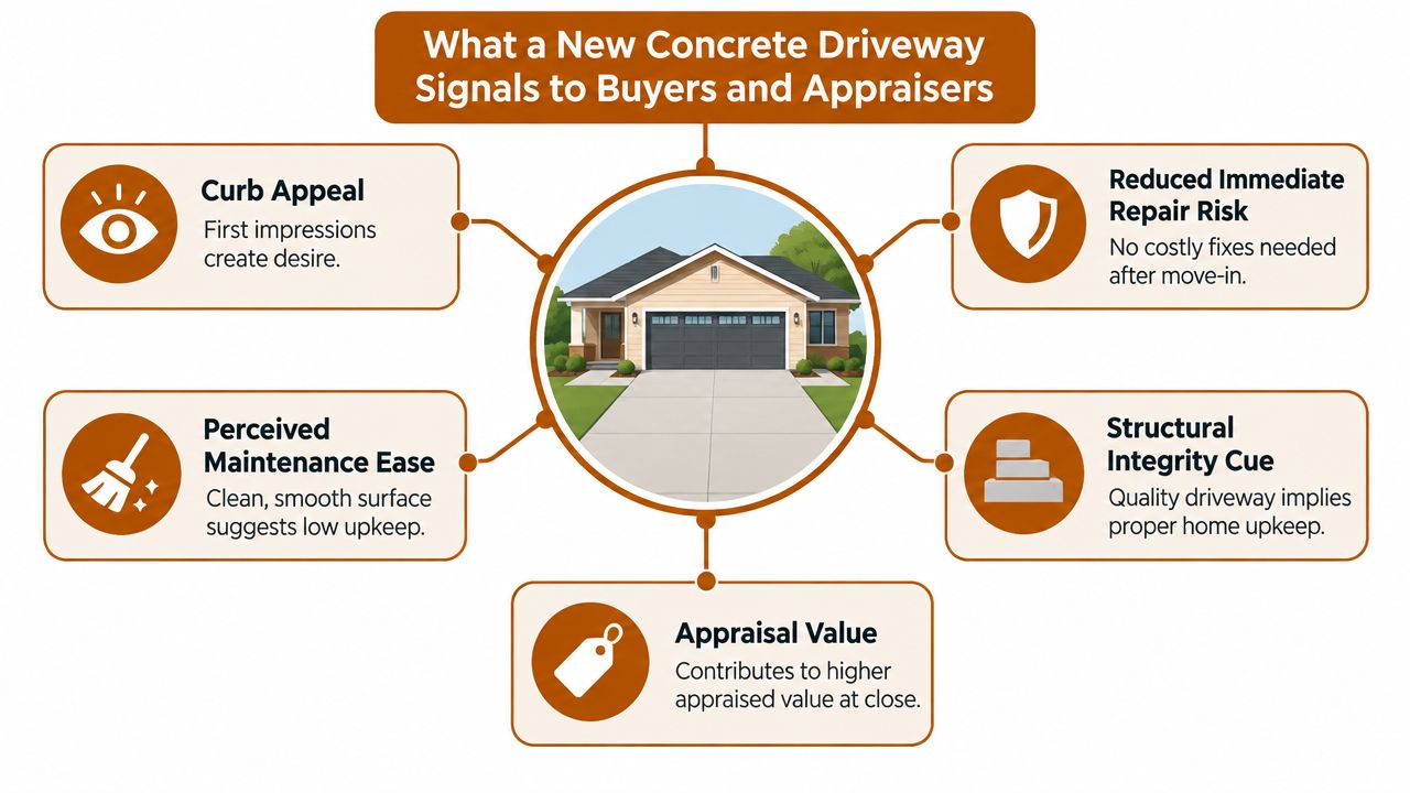 A diagram illustrating how a new concrete driveway adds value for homebuyers and property appraisers.