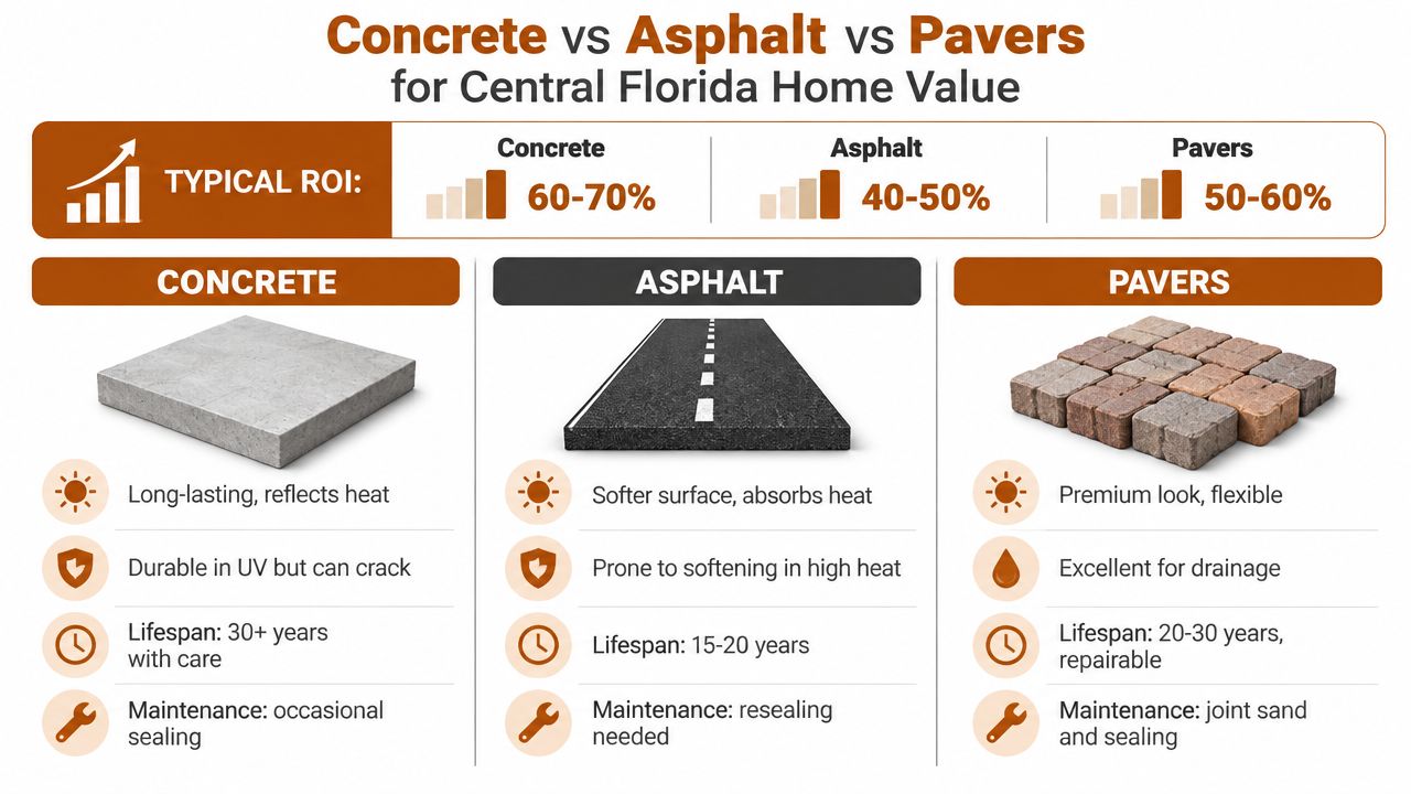 A comparison chart showing the ROI and pros and cons of concrete, asphalt, and pavers for driveways.