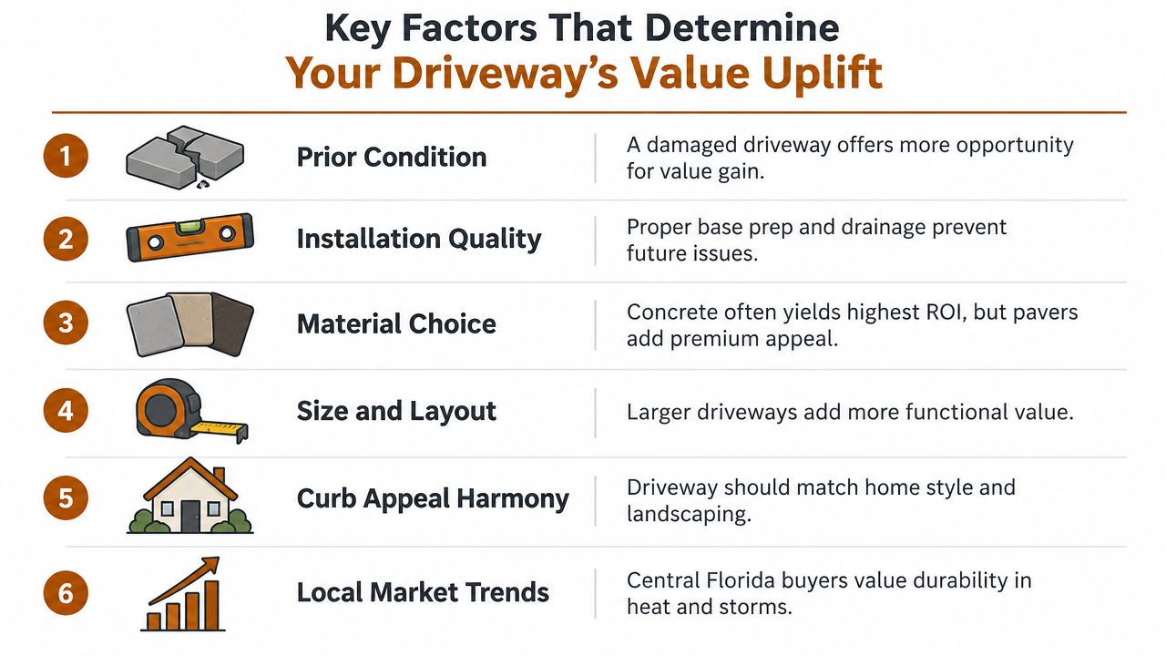 An infographic detailing six key factors that determine the value uplift of a new residential driveway.