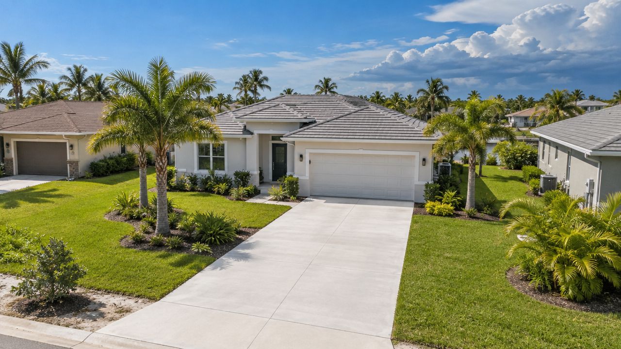 A beautiful suburban single-family home featuring a clean, new concrete driveway and lush tropical landscaping.