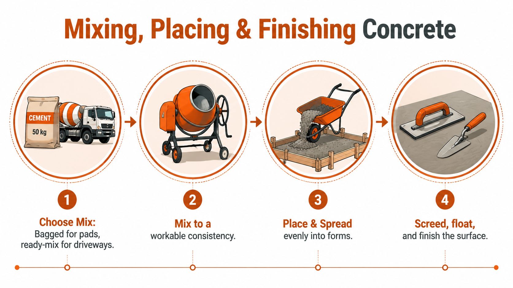 A four-step infographic illustrating the process of mixing, placing, and finishing concrete for construction projects.