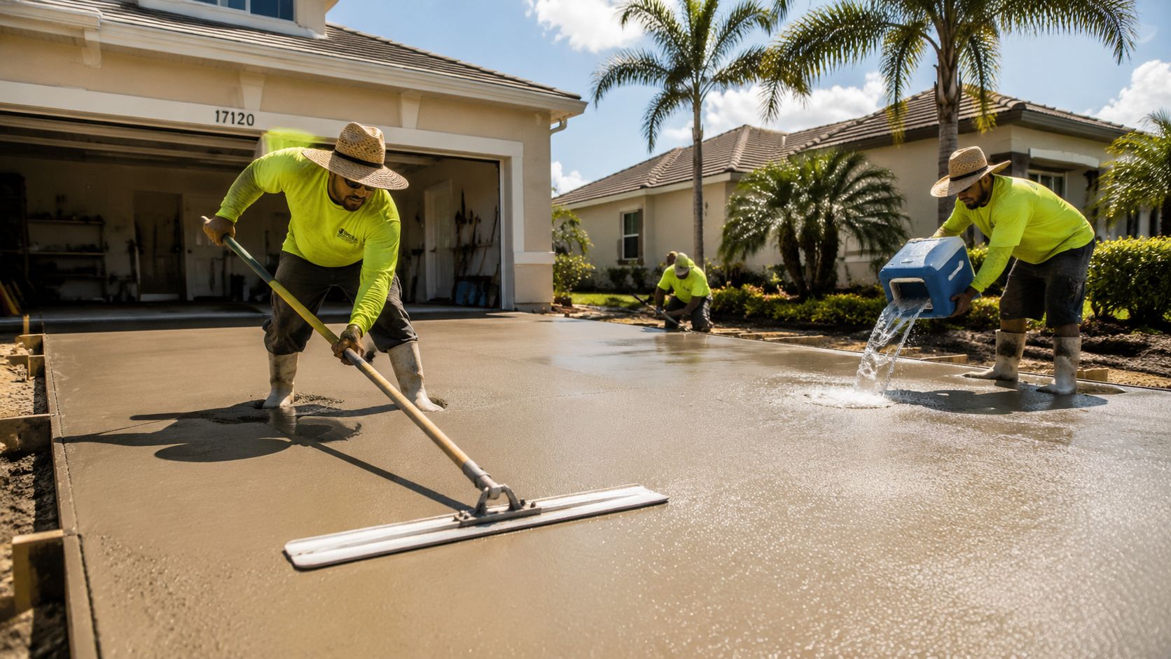 Three construction workers in straw hats and high-visibility shirts pouring and smoothing fresh concrete on a driveway.