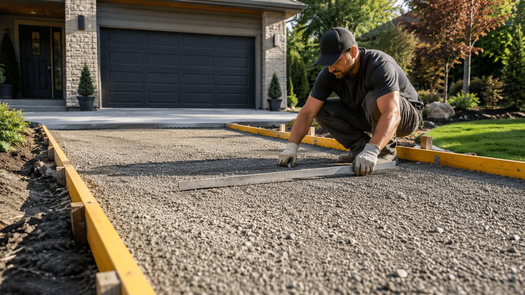 A professional construction worker leveling a gravel base for a new concrete driveway with a metal screed board.