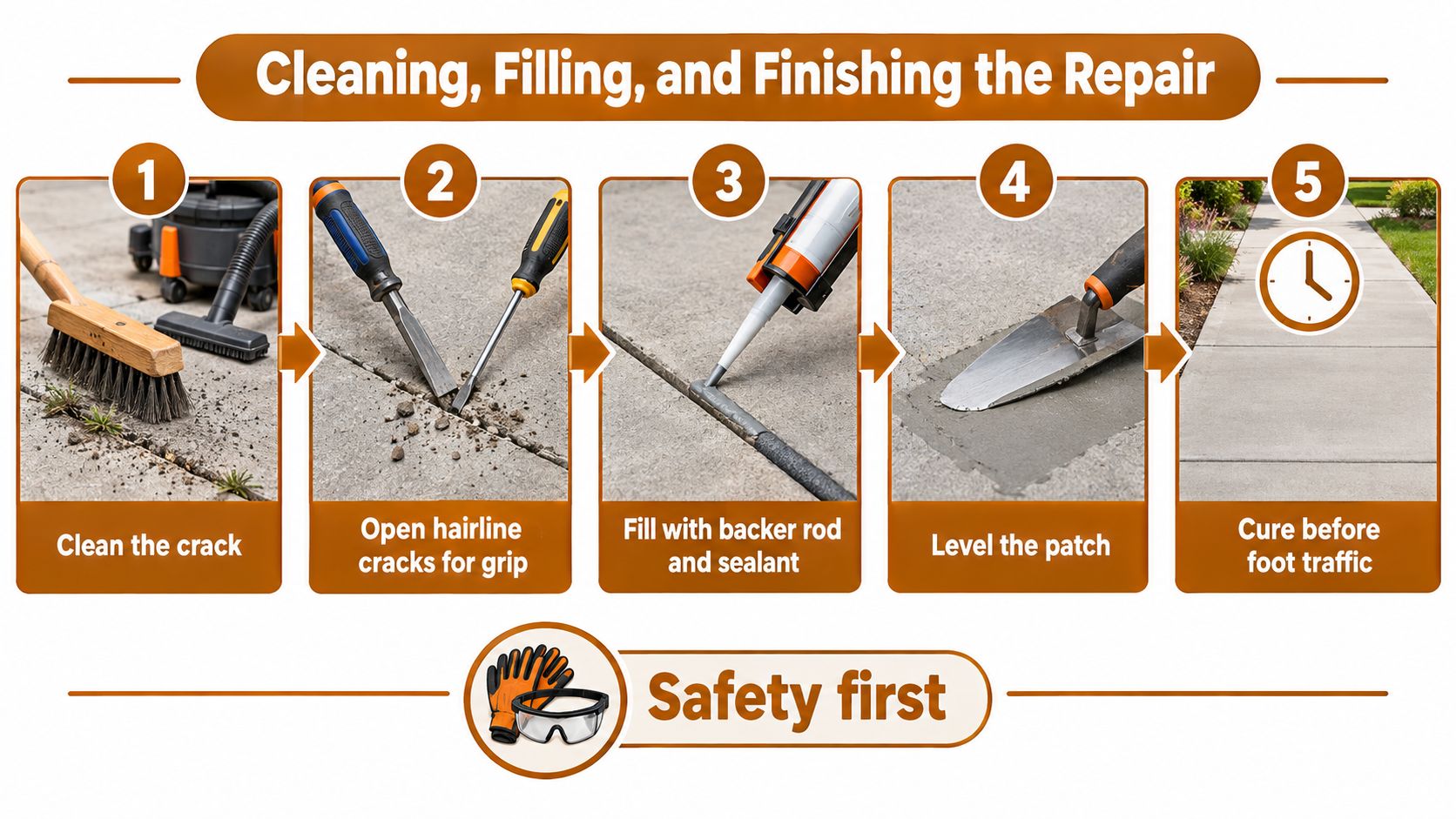 A step-by-step instructional infographic showing how to clean, fill, and repair cracks in a concrete sidewalk.