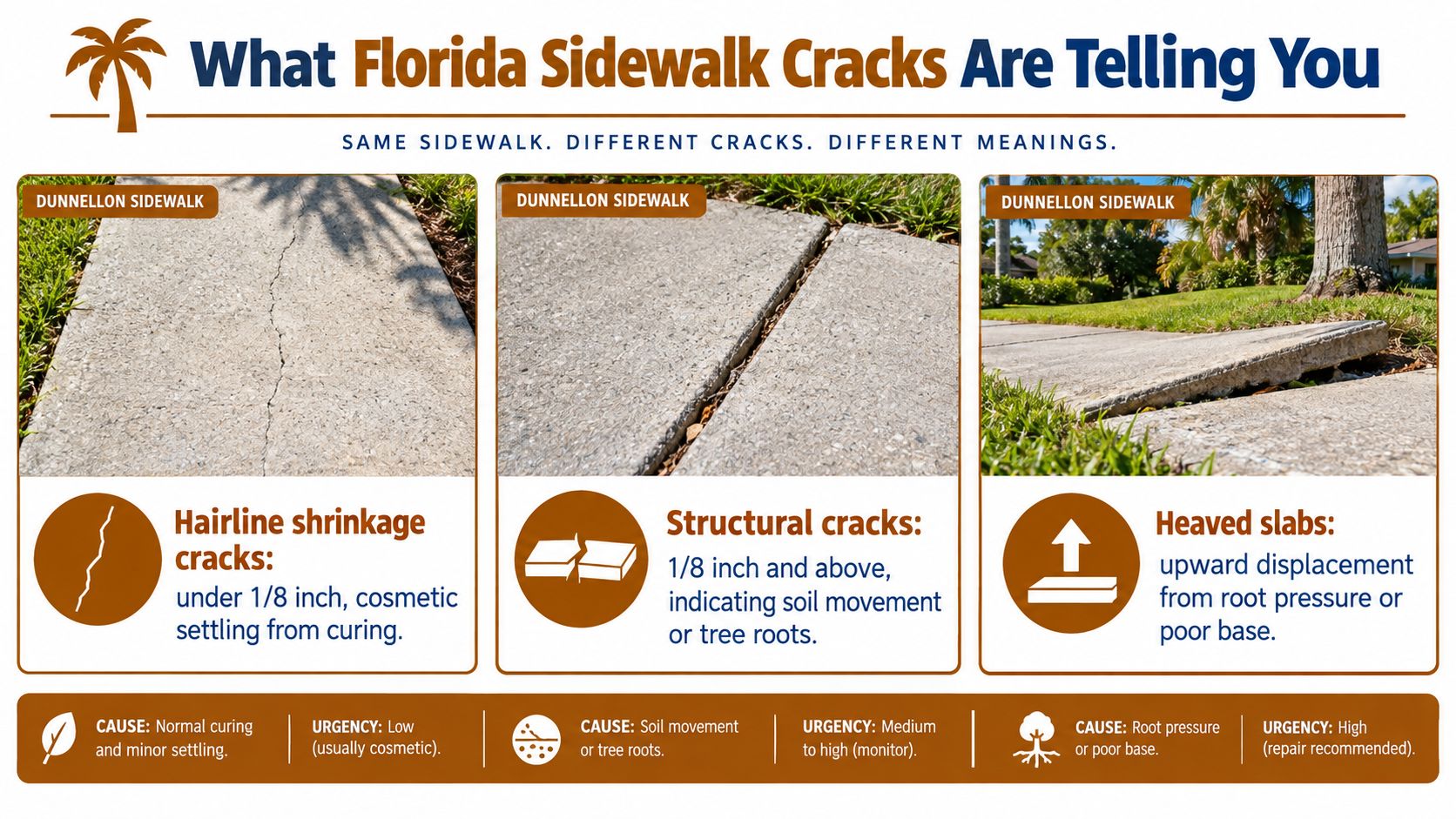 An infographic illustrating three types of sidewalk cracks with causes and urgency levels for each condition.