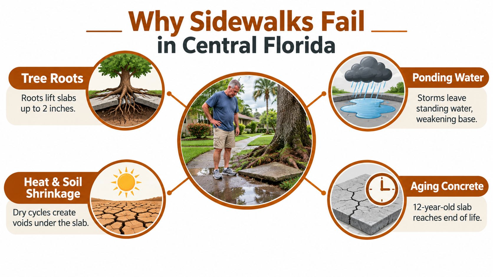 An infographic illustrating four common causes of sidewalk damage in Central Florida, including tree roots, water, heat, and aging.
