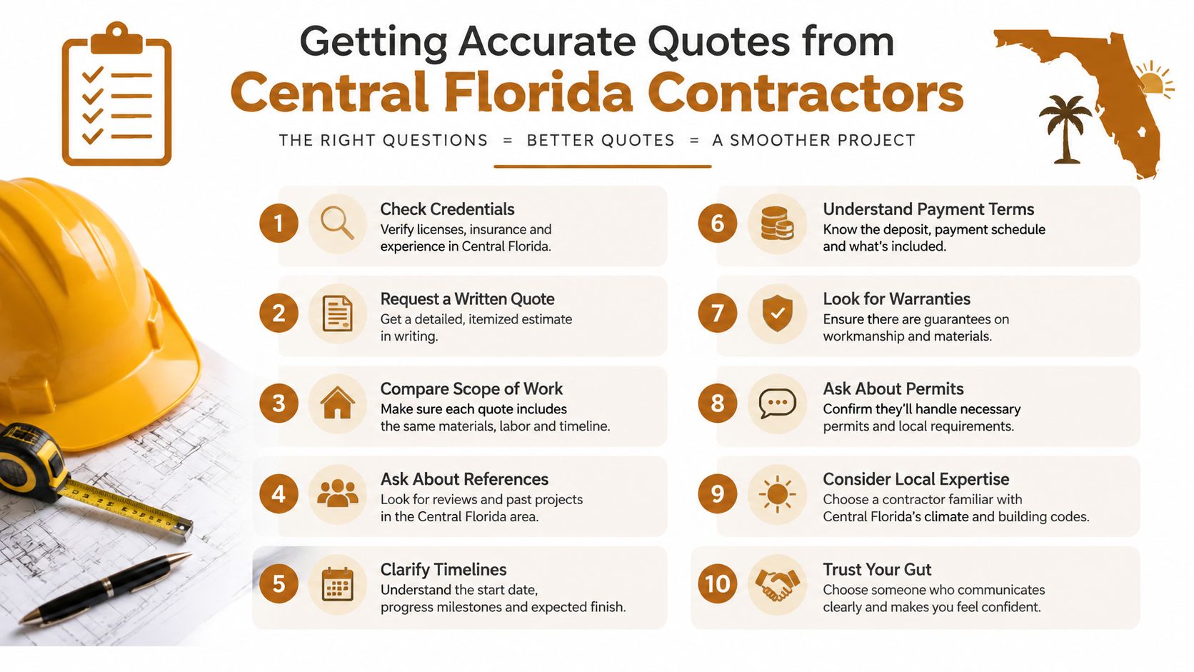 An infographic titled Getting Accurate Quotes from Central Florida Contractors offering ten essential tips for hiring professionals.