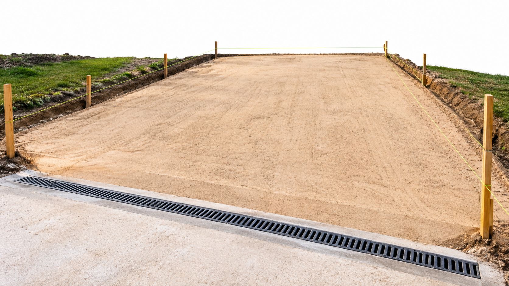 A leveled dirt construction site prepared for a new driveway installation next to a concrete drain.
