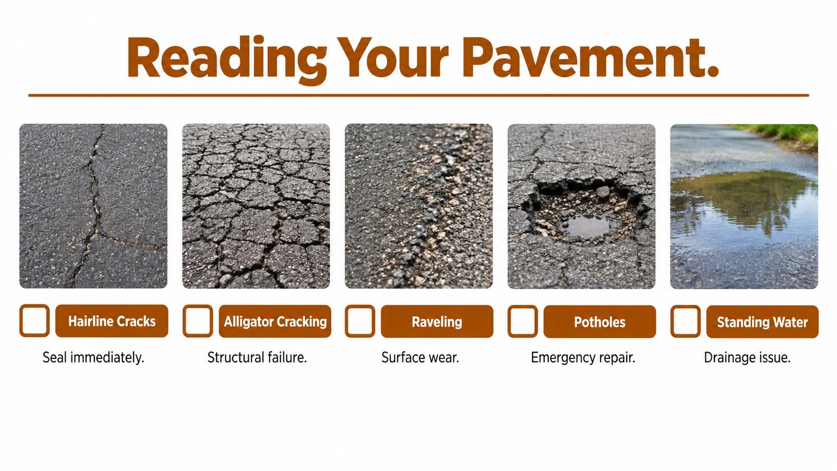 A visual guide illustrating different types of pavement damage including hairline cracks, alligator cracking, raveling, potholes, and standing water.