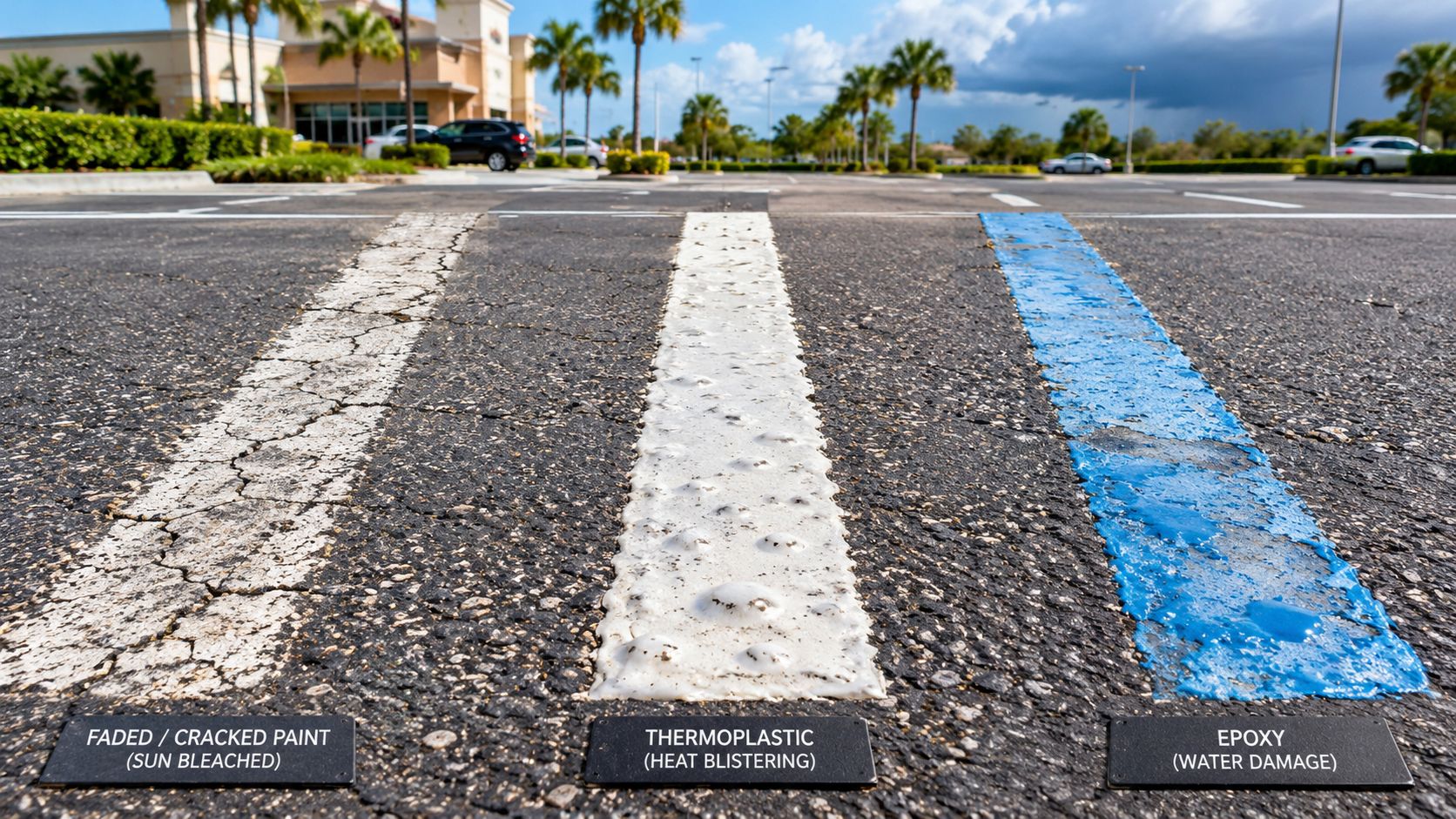 A close-up shot of three different types of parking lot line markings showing damage and wear patterns.
