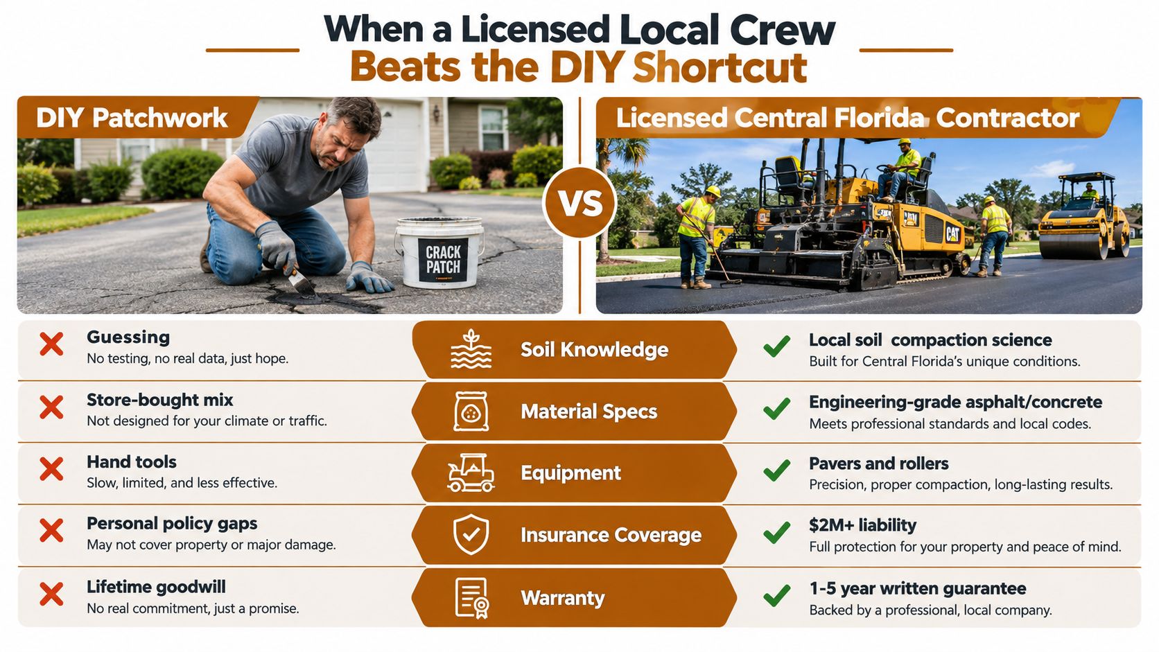 A comparison graphic showing a DIY driveway repair versus hiring a professional licensed paving contractor.