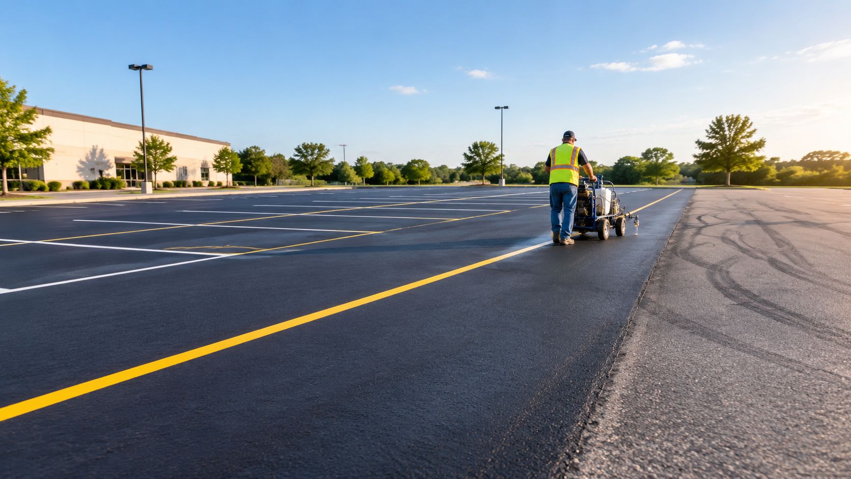 A worker in a high-visibility vest uses a walk-behind machine to paint a yellow stripe in a parking lot.