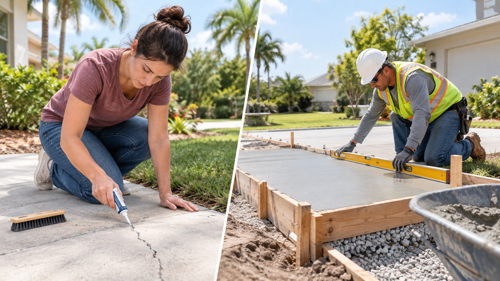 A split screen showing a person repairing a cracked sidewalk and a worker leveling fresh poured concrete.