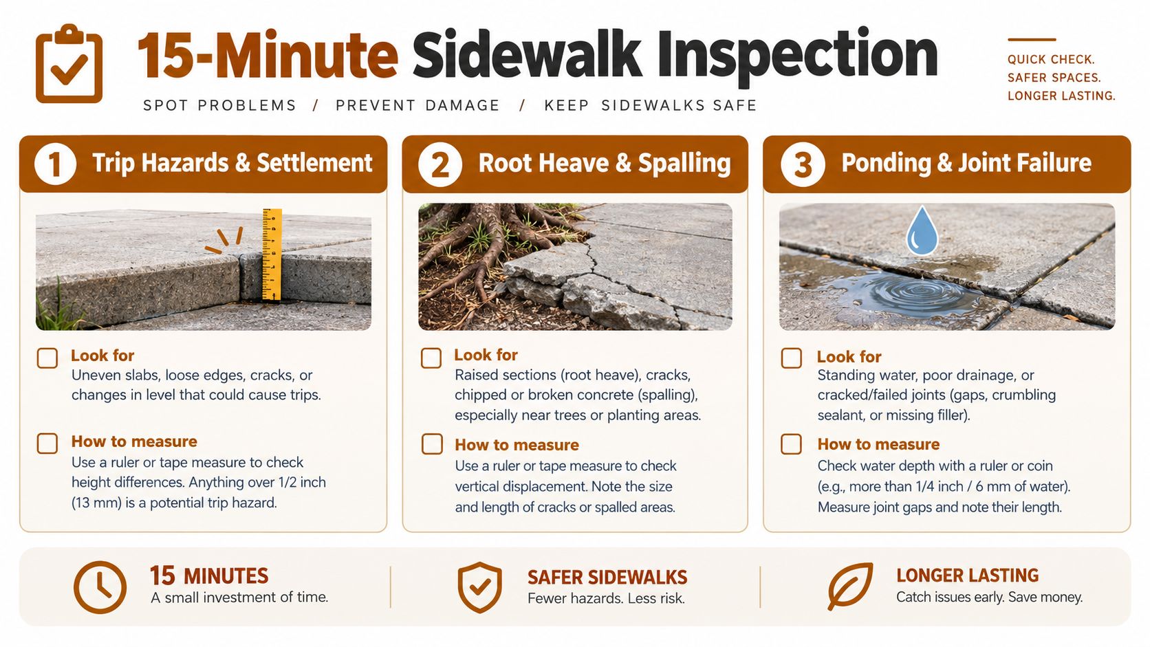 An infographic detailing a three-step 15-minute sidewalk inspection guide for identifying trip hazards, root heave, and drainage issues.