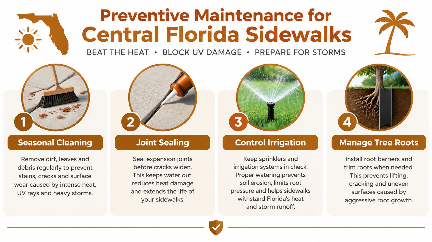 A helpful infographic detailing four essential preventive maintenance tips for maintaining concrete sidewalks in Central Florida.