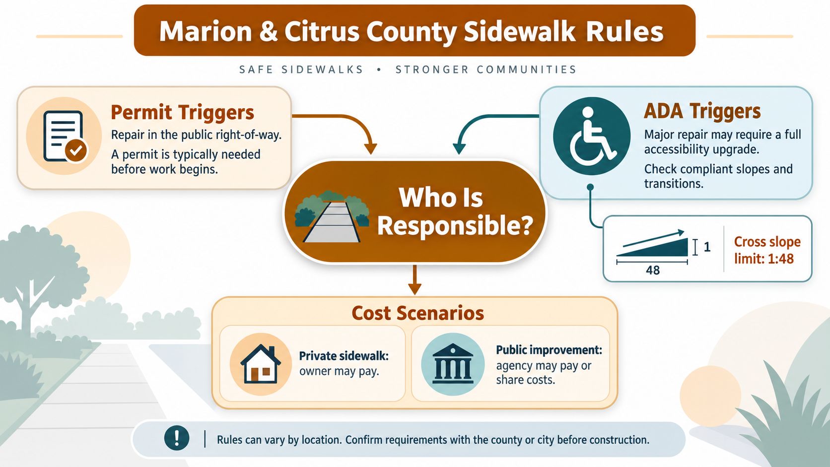 An infographic detailing sidewalk repair rules for Marion and Citrus County, including permits, ADA requirements, and costs.