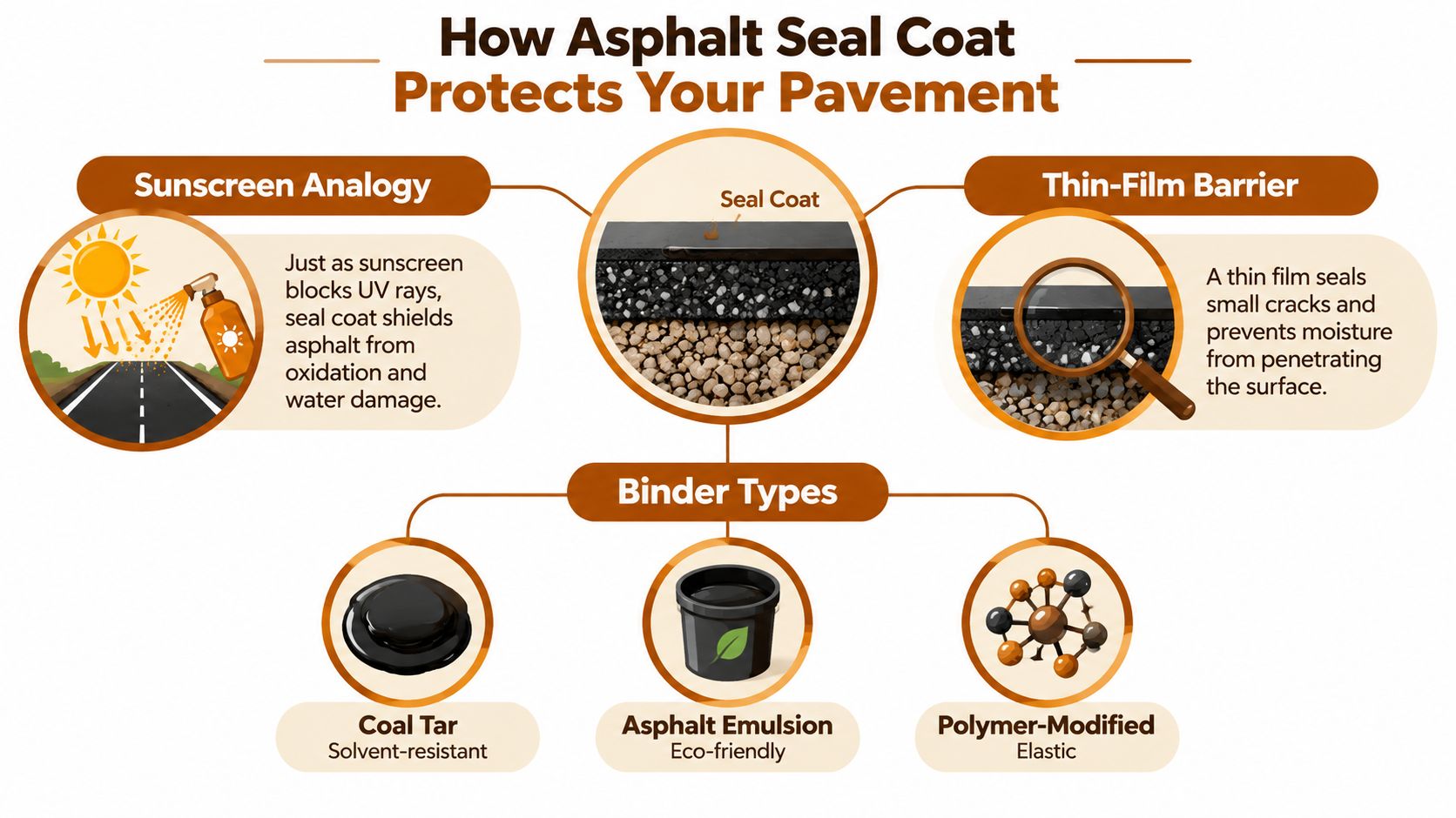 An infographic showing how asphalt seal coat protects pavement using a sunscreen analogy and thin-film barrier.