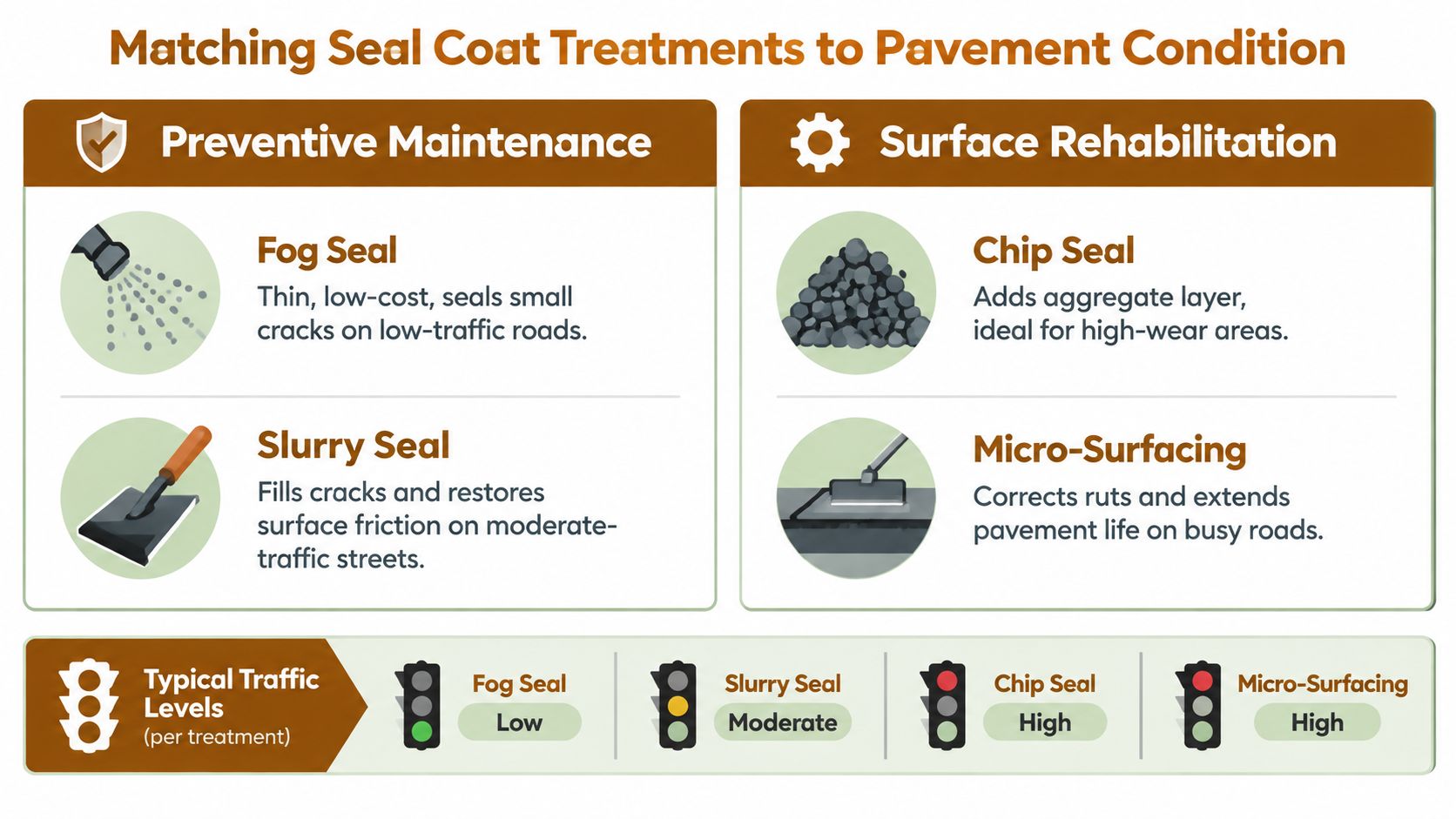 A chart comparing preventive maintenance and surface rehabilitation seal coat treatments based on traffic levels.