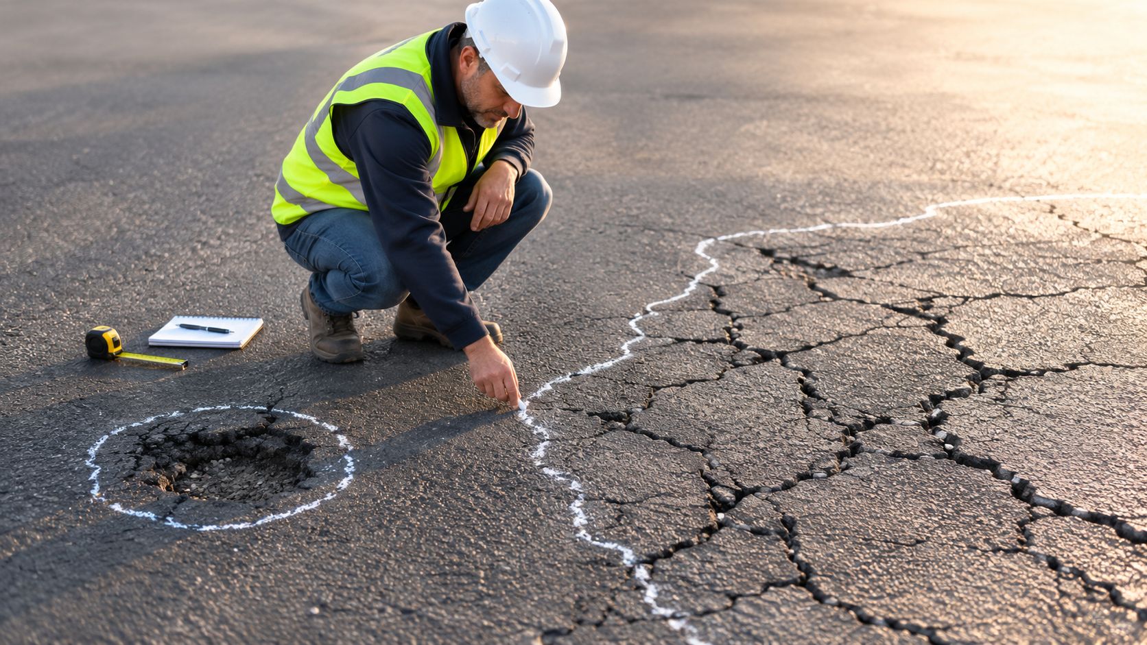 A construction engineer in a hard hat and safety vest marks cracks in damaged asphalt with chalk.