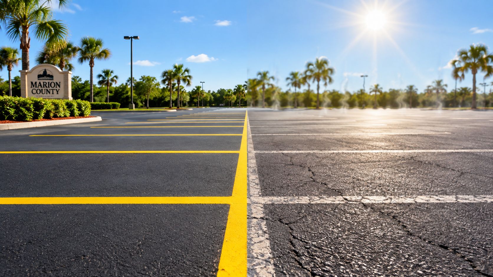 A split view comparison of a parking lot with fresh yellow striping versus weathered cracked pavement.