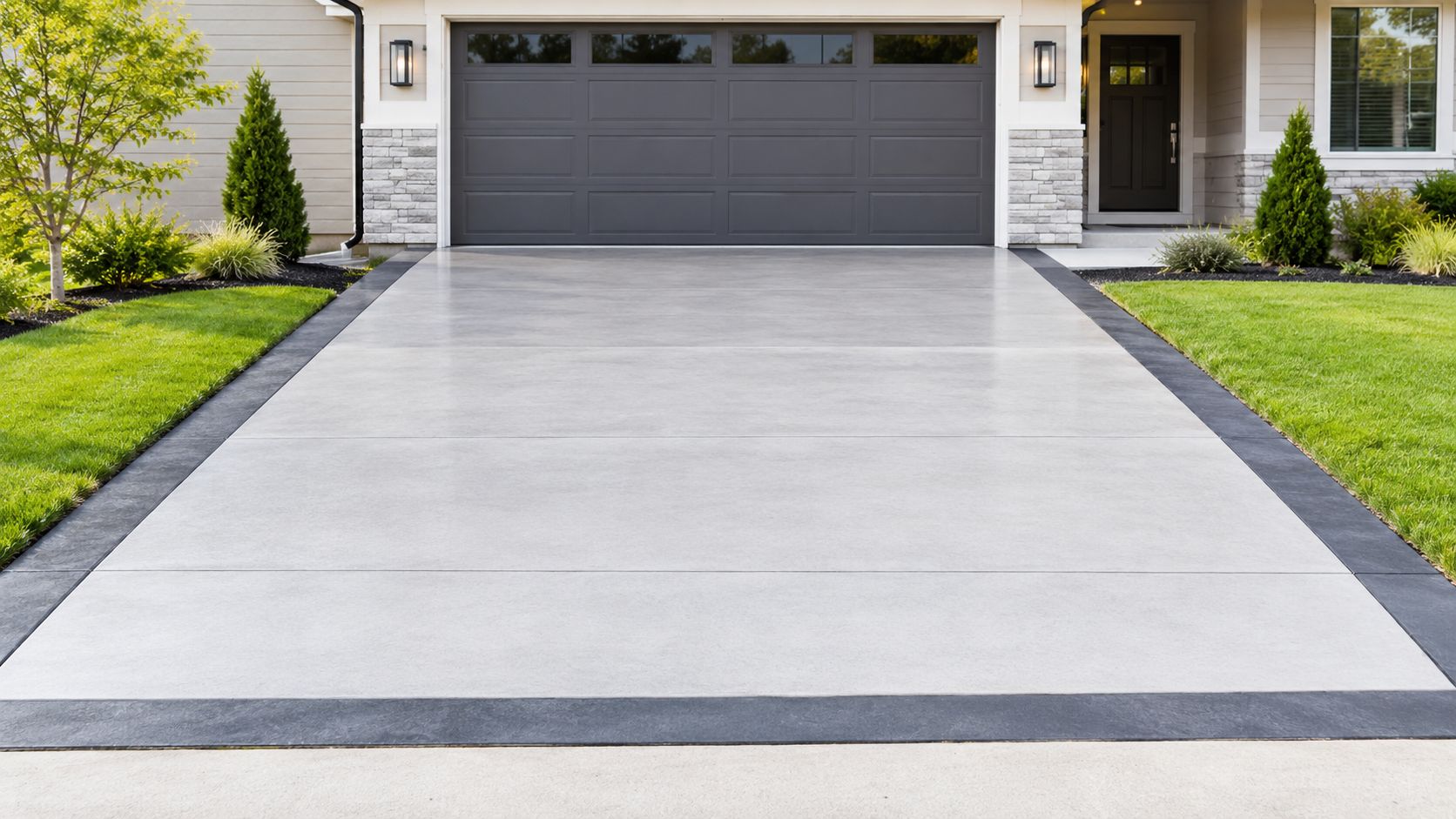 A modern concrete driveway featuring decorative dark grey stamped concrete borders surrounding a smooth light grey center.