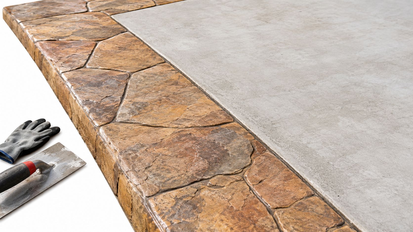 A close-up view of stone paver pool edging installed next to a smooth grey concrete surface.
