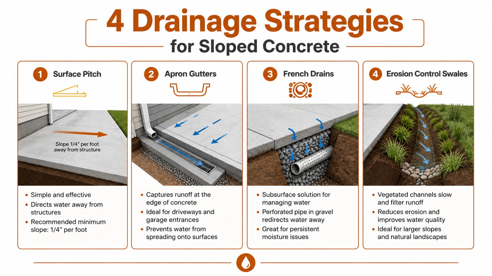 An infographic showing four drainage strategies to manage water runoff for sloped concrete surfaces and driveways.