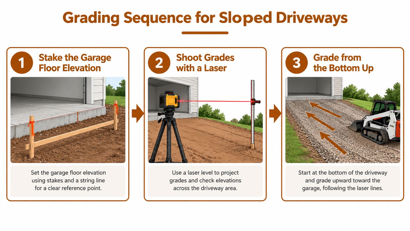 An instructional graphic showing the three-step grading sequence for preparing a sloped driveway before pouring concrete.