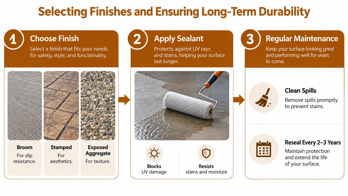 An infographic showing steps for concrete maintenance: choosing finishes, applying sealant, and performing regular cleaning and resealing.