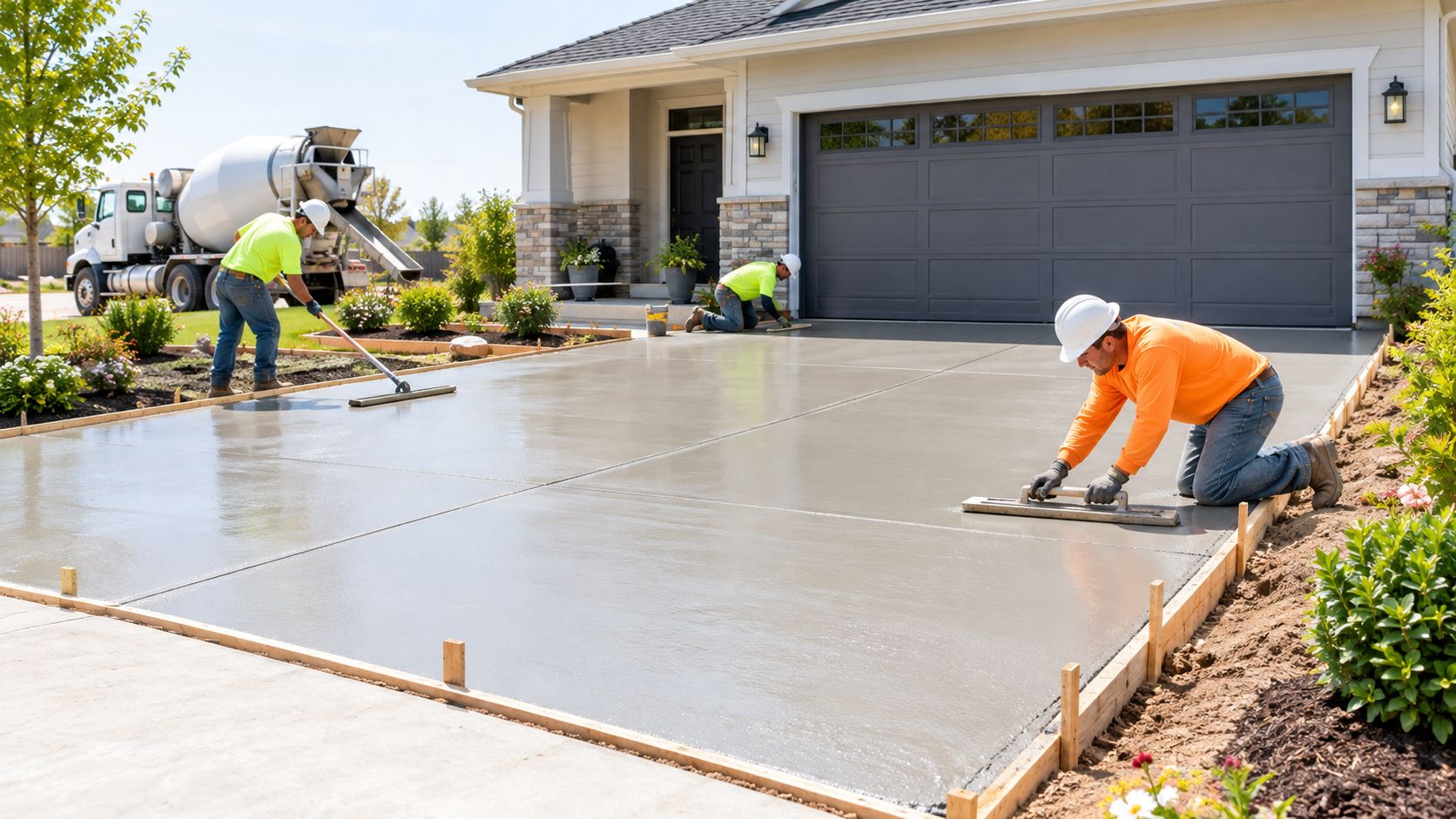 Construction workers smoothing a freshly poured concrete driveway in front of a modern residential home.
