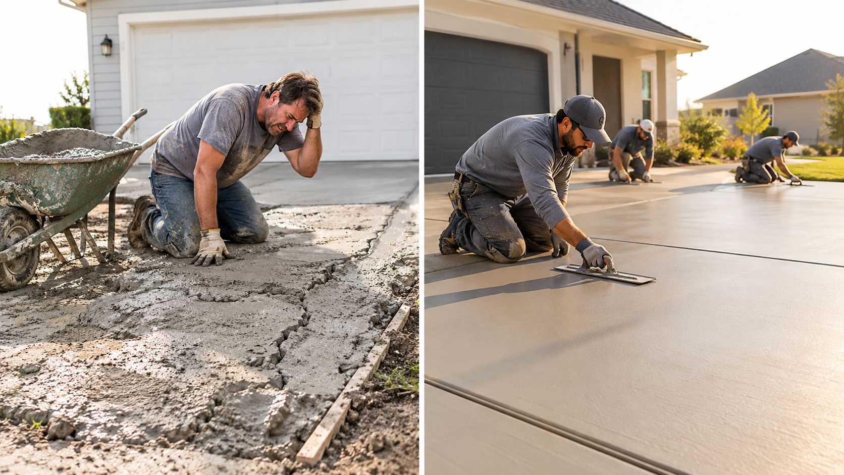 A side-by-side comparison of a worker struggling with cracked concrete and a team professionaly finishing a driveway.