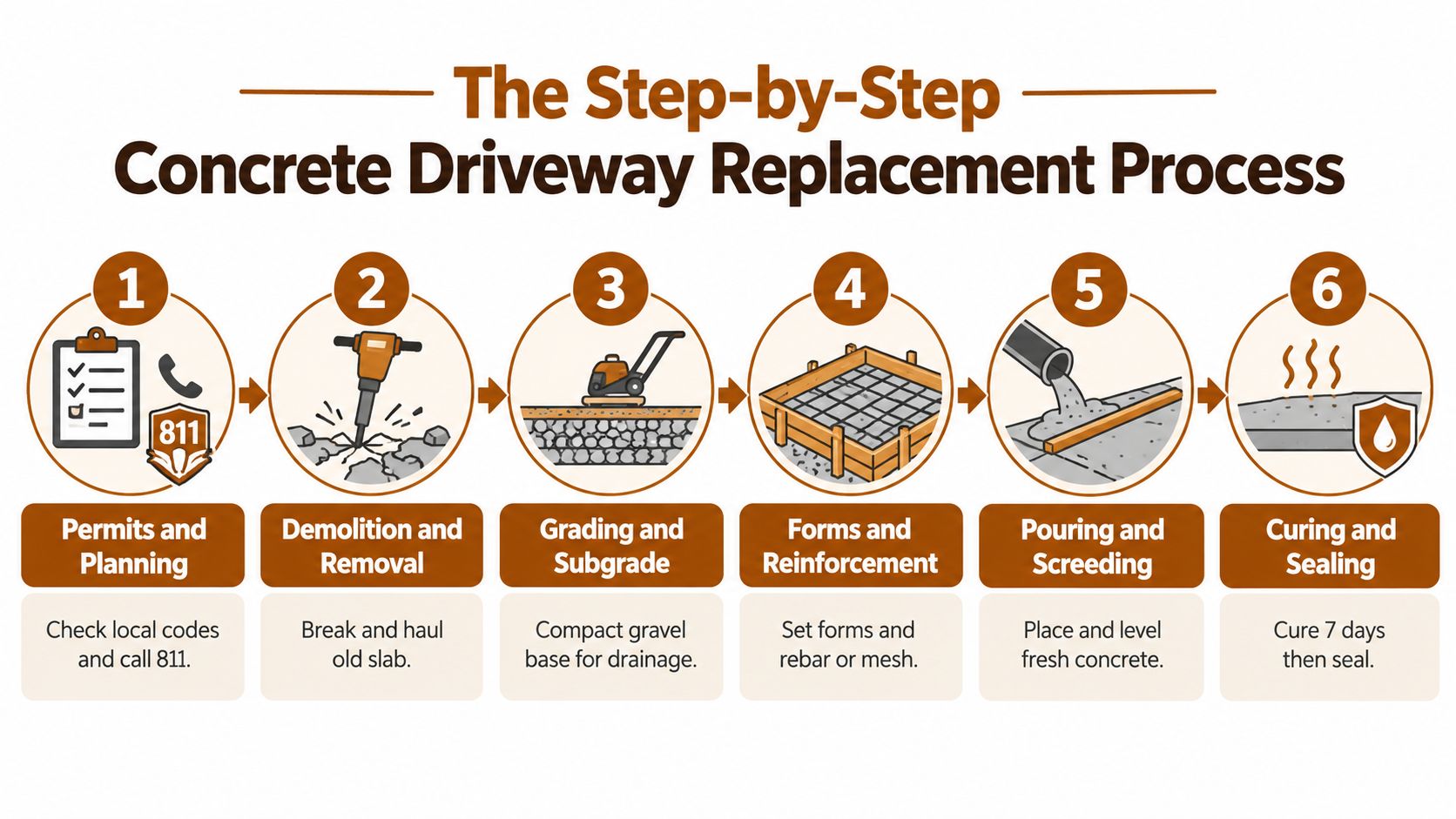 A six-step infographic illustrating the professional concrete driveway replacement process from planning to sealing.