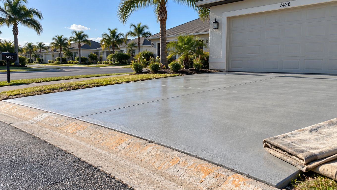 A newly poured smooth gray concrete driveway apron in a sunny suburban neighborhood with palm trees.